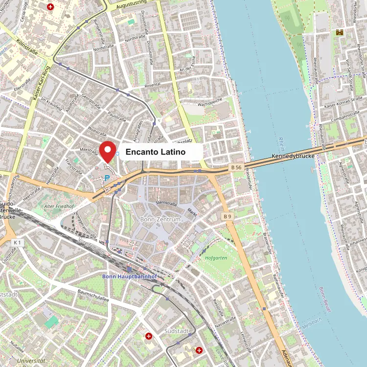 Mapa de Bonn con la tienda Encanto Latino en Maxstraße 16, junto al Rin y al casco antiguo